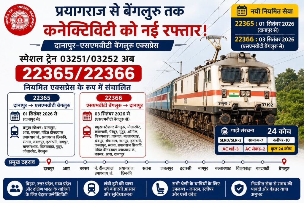 22365/22366 Danapur SMVT Bengaluru Express Regular Train: Time Table, Route aur Stoppage