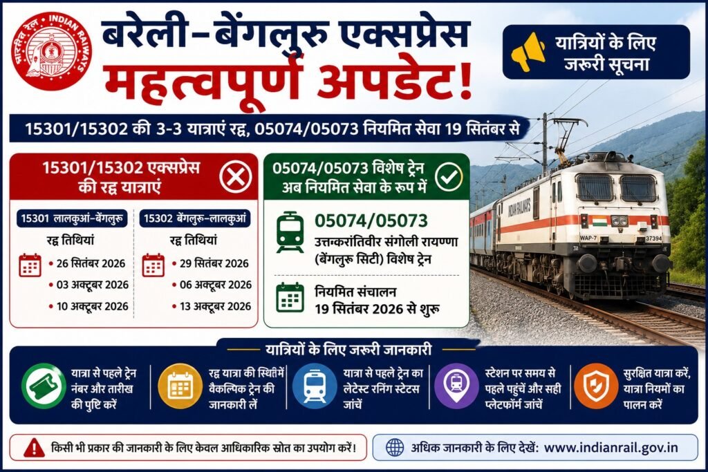 15301/15302 Bareilly Bengaluru Express Ki 3 Yatraen Radd, 05074/05073 Ka Regular Operation