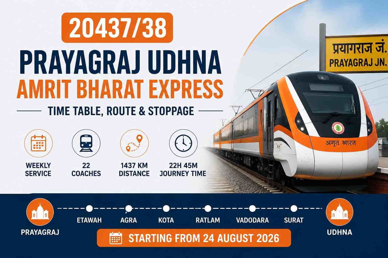 20437/38 Prayagraj-Udhna Amrit Bharat Express Time Table, Route