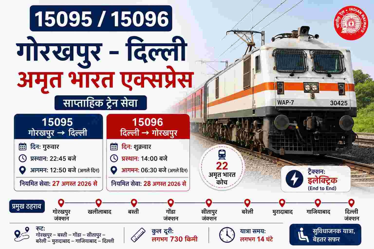 15095/15096 Gorakhpur Delhi Amrit Bharat Express Time Table